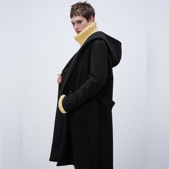 Zara Black Double-Breasted Coat With Hood Size S - Picture 3 of 5